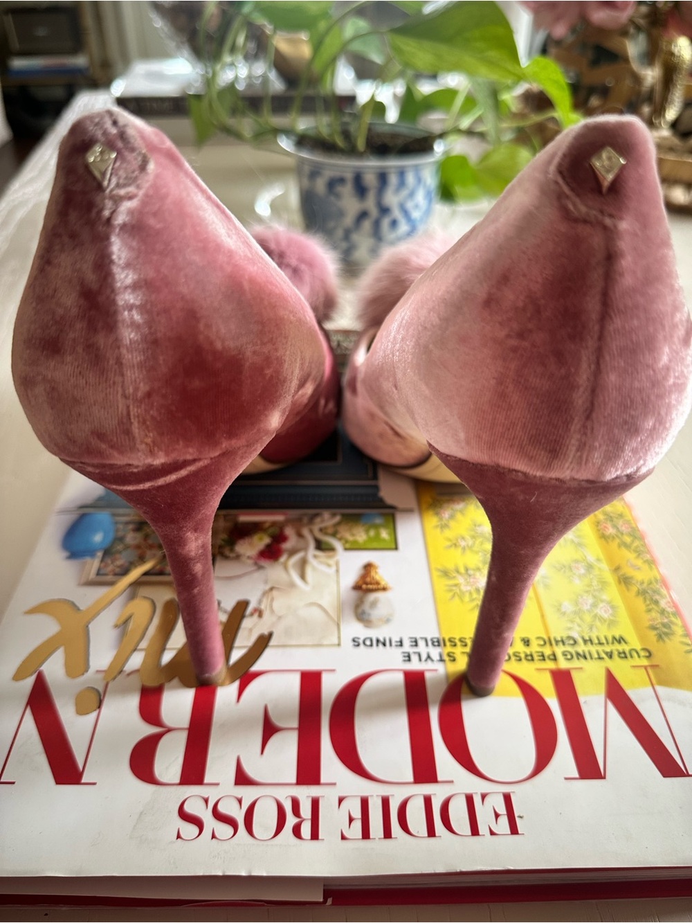 Sam Edelman Blush Pink Velvet Pointed-Toe Pumps with Pom Pom - Picture 3 of 5